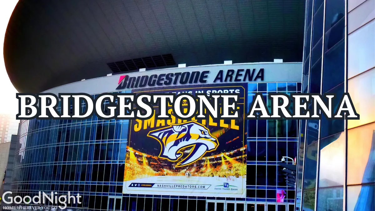 An exterior shot of Bridgestone Arena, featuring its bold signage, the Nashville Predators logo, and a large event banner. The image is bustling with anticipation, suggesting crowds and big events.