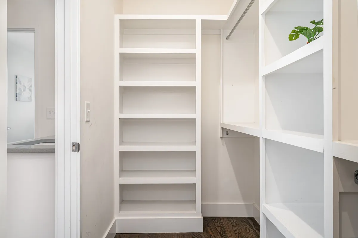 This image shows a minimalist and functional storage space with shelves, a hanging rod, and a touch of decor. It suggests ample, thoughtfully designed storage solutions for organizing personal belongings.